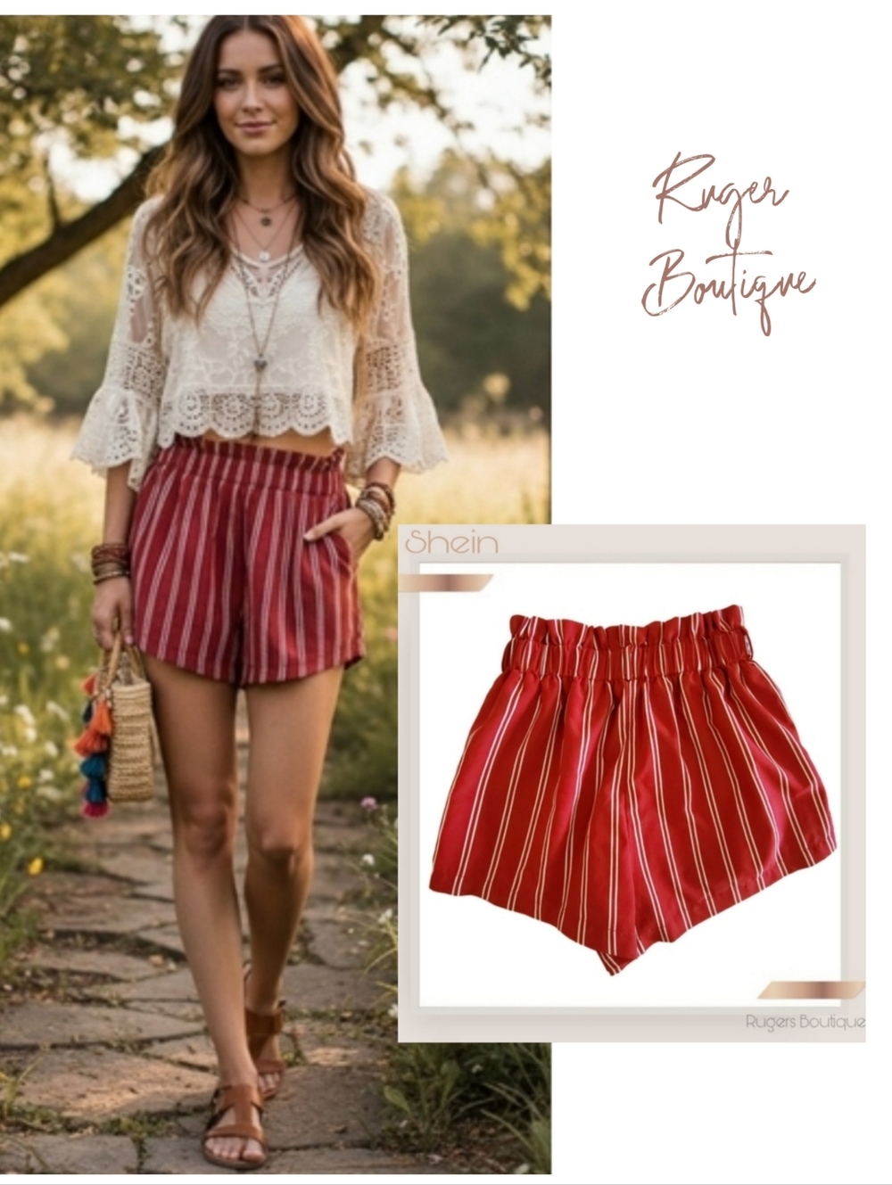 🌿Shein Womens Small Red And White Striped Print Paper Bag Shorts-CUTE!